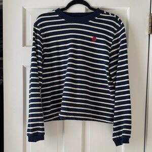 lululemon athletica Navy and White Striped Crew Neck Sweater